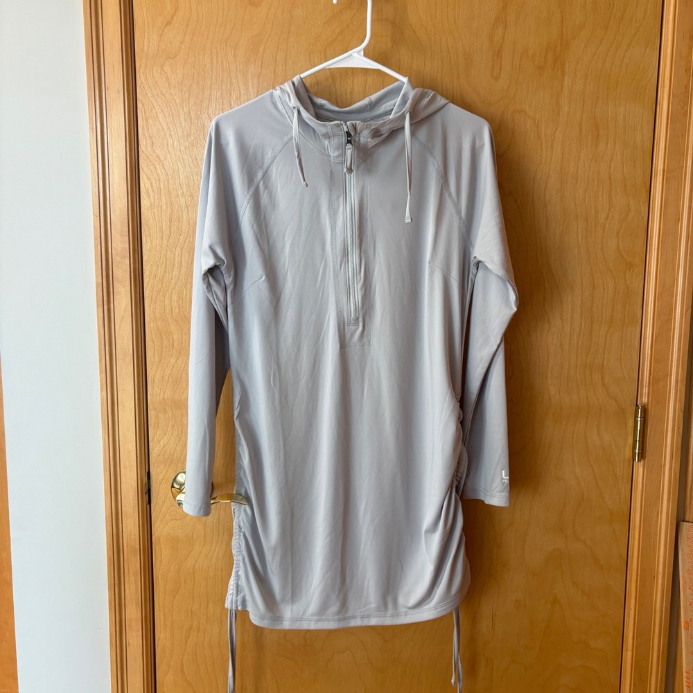 Huk Pursuit Sun Shirt Women Small Grey Hooded Quarter Zip Ruched Side Tunic